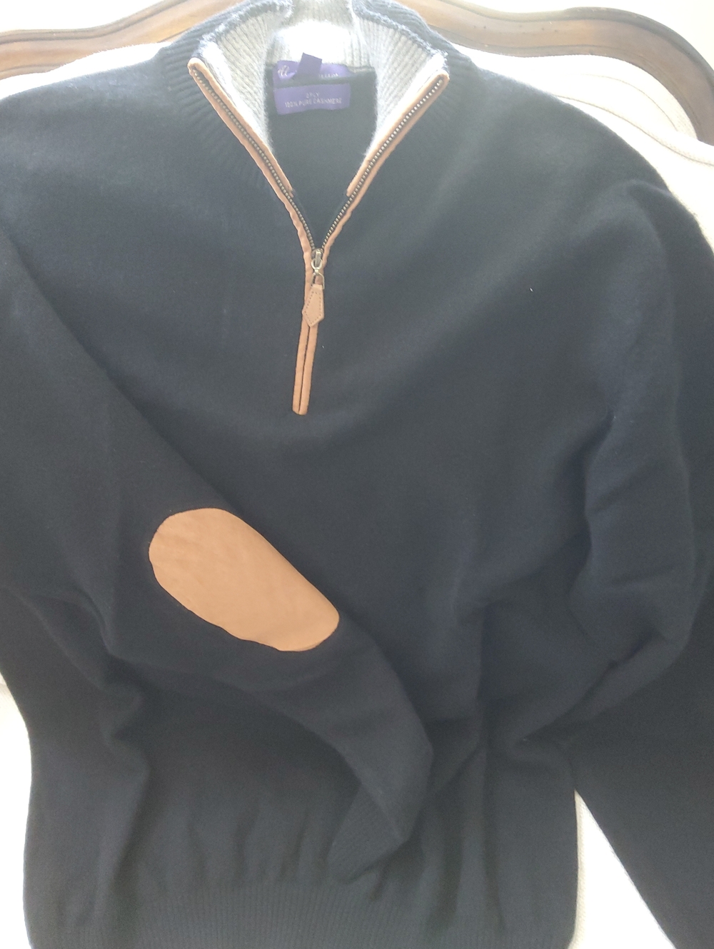 Alan Flusser 100% Cashmerre Black Zip-Up Sweater with Tan Elbow Patch